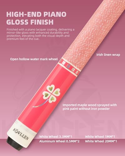 KONLLEN Pool Cue Stick Low Deflection Billiards Cue Stick Young Fashionable 58" Professional Pool Table Sticks Gifts for Adults -12.5mm Tip, 3/8 * 8Joint, Weight 19OZ - color: KL-Pink-12.5