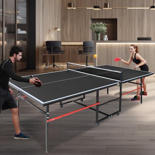 IUNNDS Portable Table Tennis Table 6/8/8.5/9FT Foldable Ping Pong Game Set for Indoor with Net and Post Set, 2 Paddles and 3 Balls - color: Black-8x4FT