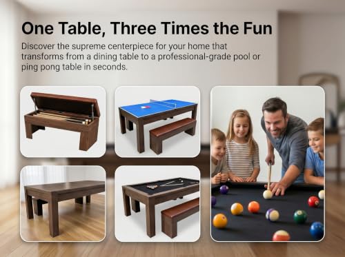 7ft 3-in-1 Multi Game Table, Pool Ping Pong Dining Table Combo with 2 Storage Benches & Full Game Accessories