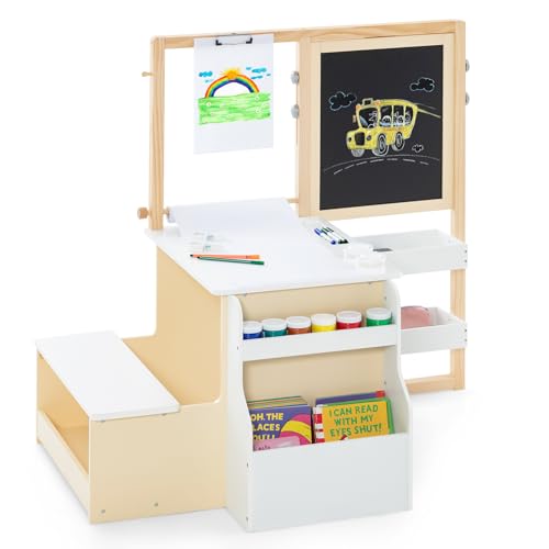 INFANS 3 in 1 Kids Art Table and Chair Set, Toddler Craft and Play Wood Activity Desk with Double-Sided Easel Blackboard Whiteboard, Paper Roll for Writing, Children Furniture for Daycare Nursery - style: Natural