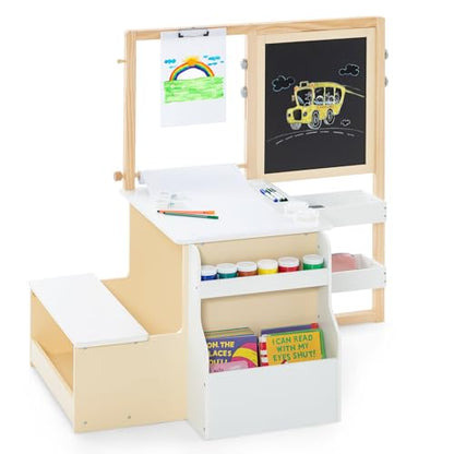 INFANS 3 in 1 Kids Art Table and Chair Set, Toddler Craft and Play Wood Activity Desk with Double-Sided Easel Blackboard Whiteboard, Paper Roll for Writing, Children Furniture for Daycare Nursery - style: Natural