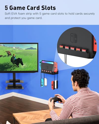 Wall Mount for Nintendo Switch 1 and Switch OLED, Metal Wall Mount Shelf Kit with 5 Game Card Holders and 4 Joy Con Hooks, Safely Store Switch Console Near or Behind TV, Black - color: Black