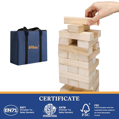 Offelec Tumbling Tower Blocks Games,Large Wooden Blocks Stacking Game for Kids Adults Family Classic Stacking Board Games for Indoor Outdoor Backyard Lawn Stack to Over 3.2Ft- 60pcs with Carrying Bag - style: Over 3.2Ft