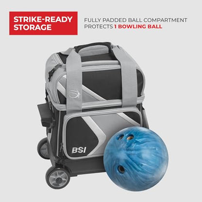 BSI Dash Roller Bowling Bag with Smooth Rolling Wheels, Padded Ball Compartment, Retractable Locking Handle, & Shoe Pocket - color: Black/Gray/White, style: Single