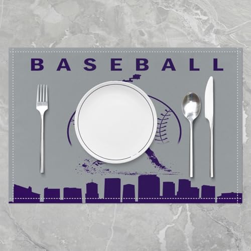 Erosebridal Baseball Placemats Set 4 Piece Softball Place Mat Sports Games Placement Mats Athlete City Silhouette Table Mats for Dining Table Setting, Grey Purple - color: Grey Purple