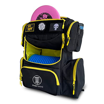 STAR FRAME Bandido Disc Golf Bag With Cooler | 30+ Disc Frisbee Golf Backpack | 4-Can Insulated Cooler | Light Durable Black & Yellow Men Women Disc Golf Bag | Huge Storage & Retriever Holder