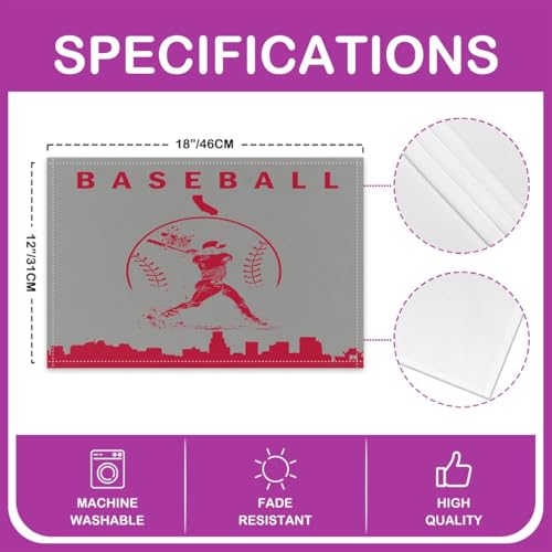 Erosebridal Baseball Place Mat Set of 4 Softball Placement Mats Sports Games Placemats Athlete City Silhouette Table Mats for Kitchen Dining Table, Grey Red - color: Grey Red