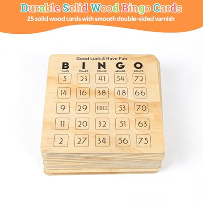 Deluxe Wooden Bingo Game Set with Large Metal Bingo Cage, 25 Reusable Bingo Cards, 75 Wooden Bingo Balls & Number Board, 700 Chips – Bingo Game for Adults, Family Game Night & Large Groups
