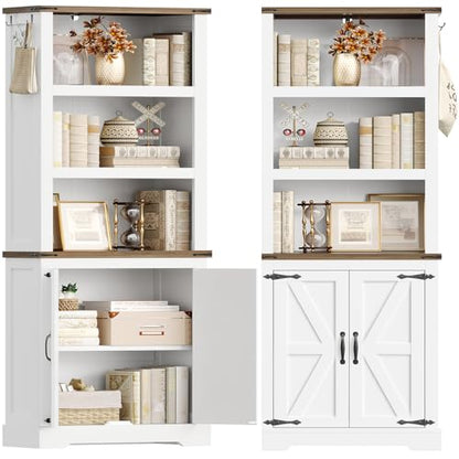 TEENFON 70.9in Tall Storage Cabinet with Adjustable Shelves, Kitchen Pantry Cabinet with 2 Barn Doors, 5 Tiers Farmhouse Bookcase for Living Room, Kitchen, Home Office, Bedroom, White - color: White-01