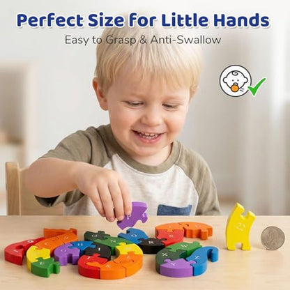 LovesTown Wooden Puzzles for Kids, Double Sided Snake Jigsaw with Alphabet & Numbers, Montessori Educational Toy for Toddlers, Chunky Animal Gift - size: Medium, style: Snake