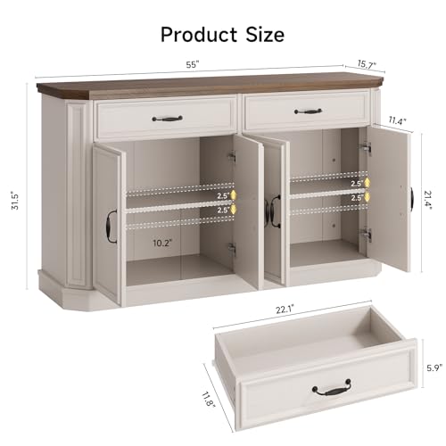 ONBRILL 55" Sideboard Buffet Cabinet with 2 Storage Drawers & 4 Doors, Modern Kitchen Sideboards and Buffets with Adjustable Shelves, Wood Coffee Bar Cabinet for Living Room, Entryway, Off-White