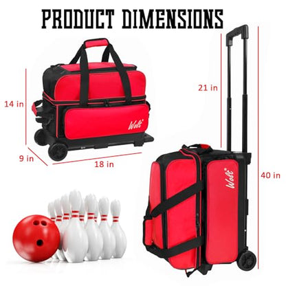 WOLT Double Roller 2 Ball Bowling Bag with Separate Shoe Compartment, Large Capacity Bowling Ball Bag with Accessory Pocket, Retractable Handle Extends to 40" - color: Red