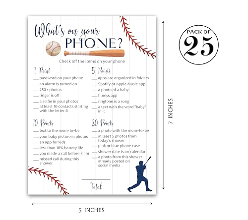 BASEBALL Baby Shower Games — WHAT'S ON YOUR PHONE Baby Shower Game — Pack of 25, Rustic Sports Theme Navy Blue BOY, Little Slugger Shower Activity Gender Neutral Reveal Party G900-PHN