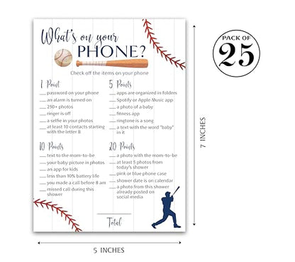 BASEBALL Baby Shower Games — WHAT'S ON YOUR PHONE Baby Shower Game — Pack of 25, Rustic Sports Theme Navy Blue BOY, Little Slugger Shower Activity Gender Neutral Reveal Party G900-PHN