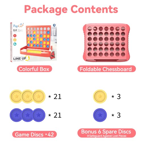 Pup Go 4 in a Row Game, Connect & Win Four in a Row Board Game, Portable 2-Player Strategy Games for Travel, Gift for Girl Age 3 4 5 6 7 8-12, Family Games Foldable Design with 6 Spare Discs Pink - color: Pink