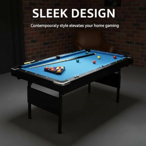 6 ft Foldable Pool Table with Steel Frame, Stable Billiard Tables with Safety Anti Collapse Locks, Heavy Duty Billiard Game Includes Full Set of Balls, 2 Cue Sticks, Chalk and Felt Brush