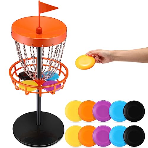 Lenwen 29 Inches Mini Disc Golf Baskets with 10 Flying Discs, Kids Mini Golf Starter Set, for Games Beach Indoor Outdoor Yard