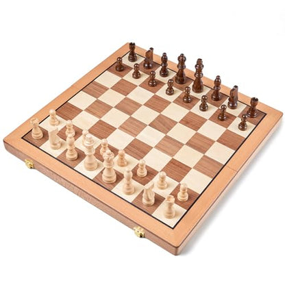 AMEROUS Magnetic Wooden Chess Set, 15 Inches Handmade Wooden Folding Travel Chess Board Game Sets with Chessmen Storage Slots for Kids and Adults, 2 Bonus Extra Queens, Gift Box Packed