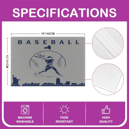 Erosebridal Baseball Place Mat Set of 4 Softball Placement Mats Sports Games Placemats Athlete City Silhouette Table Mats for Kitchen Dining Table, Grey - color: Gray