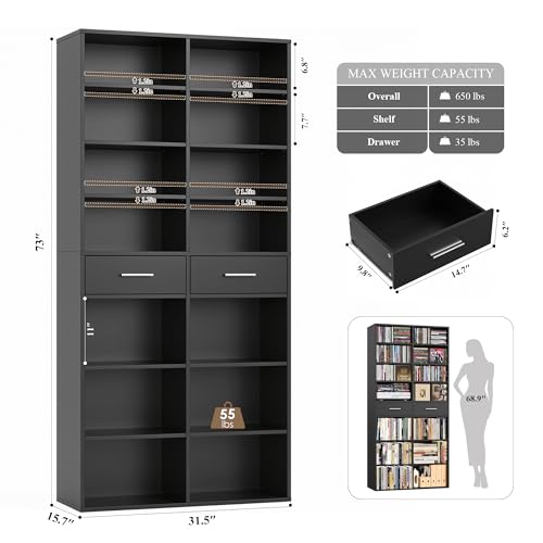 HOSTACK 73" Tall Bookshelf with Drawers, 7-Tier Black Bookshelf with Storage, Double Wide Bookcase with 14 Open Book Shelves, Wood Book Case with Adjustable Shelves for Media CD DVD Storage, Black - color: Black
