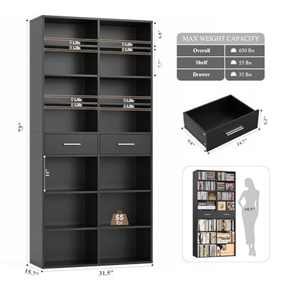 HOSTACK 73" Tall Bookshelf with Drawers, 7-Tier Black Bookshelf with Storage, Double Wide Bookcase with 14 Open Book Shelves, Wood Book Case with Adjustable Shelves for Media CD DVD Storage, Black