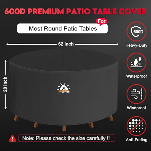 Zettum Round Patio Table Cover 62 Inch - 600D Outdoor Furniture Cover Round Waterproof & Heavy Duty, Lawn Furniture Set Covers for Outside Dining Table and Chairs Seating Combo - 62 x 62 x 28 Inch - size: 1) Round - 62"D x 28"H