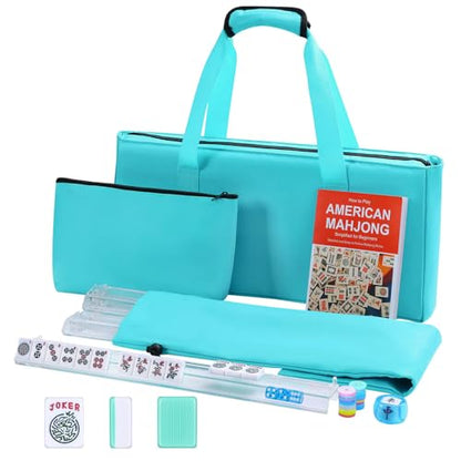 American Mahjong Game Set, 166 Light Green Tiles, 4 All-in-One Transparent Racks/Pushers, Complete Mahjong Tile Set, Light Blue Carrying Bag - color: Light Blue
