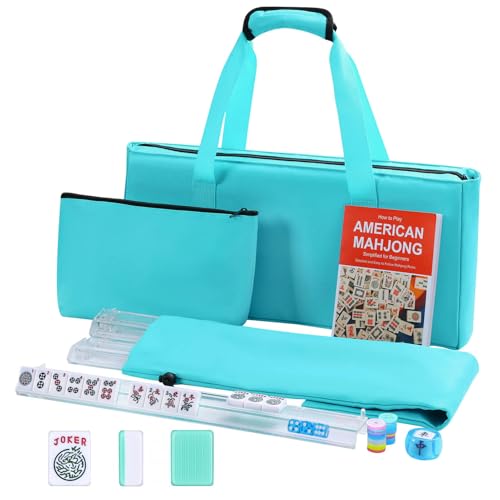 American Mahjong Game Set, 166 Light Green Tiles, 4 All-in-One Transparent Racks/Pushers, Complete Mahjong Tile Set, Light Blue Carrying Bag - color: Light Blue