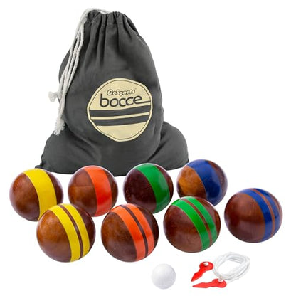 GoSports 100 mm Hardwood Bocce Set with 8 Premium 12 oz Wood Balls, Pallino, Case and Measuring Rope