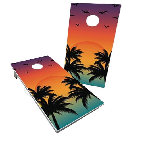 Cornhole365 Professional Cornhole Board Set - Regulation Size, Heavy Duty, Solid Wood Cornhole Board Set w/UV Direct Print (Set of 2), Ideal for Outdoor Games & Tournaments - Sunset & Palm Trees - color: Sunset