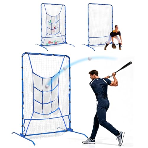 6FT Baseball Pitching net, 9-Pocket Pitcher Net with Strike Zone, Adjustable Height Target Throwing Trainer, Baseball Softball Practice Net with Carry Bag for Beginners/Professionals Outdoor Indoor
