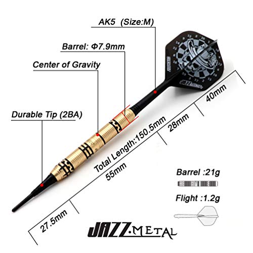 CUESOUL Jazz - Soft Tip Darts Set 19 Grams with 6pcs AK5 Plastic Integrated Flights & 36pcs Plastic Tips for Electronic Dart Board - color: Black Rose + White Skull