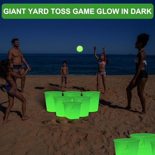 Aivalas Yard Pong Outdoor Games Glow Set in Dark, Giant Yard Pong Game for Adults and Family with 12 Buckets, 4 Balls and a Carrying Bag, Giant Pong for Beach, Camping, Lawn and Backyard - color: Green Glow in Dark