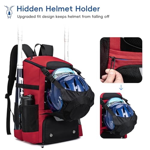 KAVIGOR Baseball Bag for Youth and Adult, Softball Backpack 40L Large Capacity, Bat Backpack with Shoes Compartment and Hidden Helmet Holder - color: Red