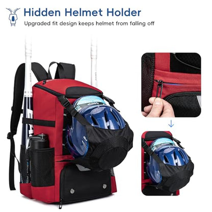 KAVIGOR Baseball Bag for Youth and Adult, Softball Backpack 40L Large Capacity, Bat Backpack with Shoes Compartment and Hidden Helmet Holder - color: Red