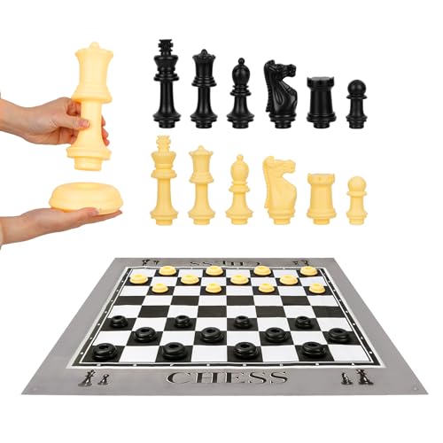 ELONGDI Giant Outdoor Chess Set Oversized Plastic Chess Pieces with Bases Lightweight 71" Chess Mat Floor Games for Kids and Adults - 9.8 Inches Tall King & Storage Bins with Lids