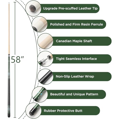 Pool Cue, 58" Pool Cue Sticks for Adults with 13MM Tips Canadian Maple Wood Leather Pattern Grip 18 19 20 21 oz, Professional Billiard Cues Players for Bar House Pool Table Sports 8/9 Ball - style: Green 19oz