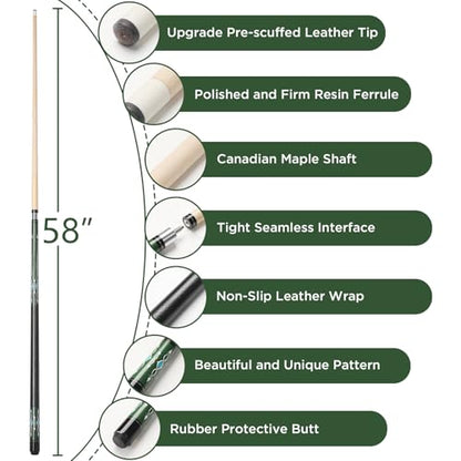 Pool Cue, 58" Pool Cue Sticks for Adults with 13MM Tips Canadian Maple Wood Leather Pattern Grip 18 19 20 21 oz, Professional Billiard Cues Players for Bar House Pool Table Sports 8/9 Ball - style: Green 19oz
