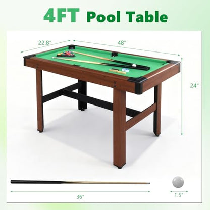 48" Pool Table Portable Billiard Table for Kids & Adults with 2 Cues, Triangle Rack, Compact Wooden Game Table for Home, Game Room, Indoor & Outdoor