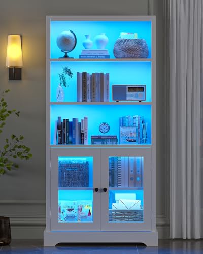 TVU 5-Tier Bookshelf, 65" Bookshelf with Multi-Color Ambient Lights (APP Remote Control), Tall Vertical Display Shelf with Cabinet Doors, Suitable for Living Room, Bedroom, Study, Office, White - color: White