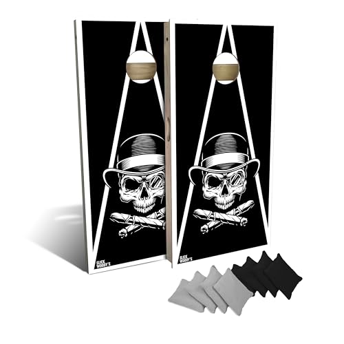 Slick Woody's Professional-Grade Corn Hole Boards - 4'x2' Solid Wood Regulation Man Cave Cornhole Toss Game with 8 Resin Filled Bags - color: Skull & Cross Cigars