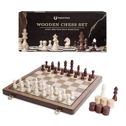 15 Inch Magnetic Wooden Chess Set with Folding Board and Chess Piece Storage Slot, Handmade Portable Travel Chess Game Sets for Kids Adults Beginner and Pros, Carry Bag, 2 Extra Queens