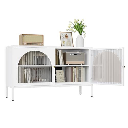 Translucent Door Storage Cabinet with Adjustable Shelves,Metal TV Stand,Multipurpose Metal Storage Accent Cabinet for Home, Office, Entryway,LivingRoom (White) - color: White, style: 40.16‘’tv stand cabinet