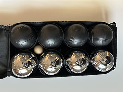 BuyBocceBalls Listing -73mm Metal Bocce Set with 8 Black and Silver Balls and Black Bag *
