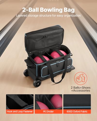 VEVOR Bowling Ball Bag, 2-Ball Bowling Bag with Wheels, Featuring a Separate Compartment for Shoes (Up to US Size 16) & Oversized Accessory Pocket, Retractable Handle Extends to 41.32 in - style: Black-blue