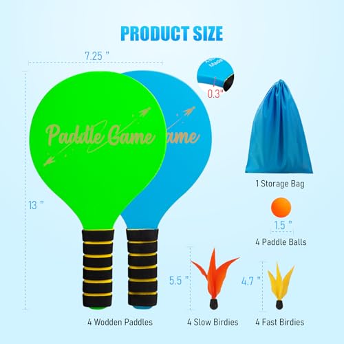 TEILLNET Paddle Ball Set, Outdoor Games for Adults and Family, Badminton Sets for Backyards Yard Game with 4 Rackets 4 Balls 8 Birdies, Beach Toys Pool Lawn Outside Park Camping Family Games Gifts - color: Beach Paddle Ball Set