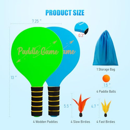 TEILLNET Paddle Ball Set, Outdoor Games for Adults and Family, Badminton Sets for Backyards Yard Game with 4 Rackets 4 Balls 8 Birdies, Beach Toys Pool Lawn Outside Park Camping Family Games Gifts - color: Beach Paddle Ball Set