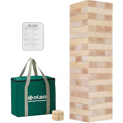 Olsa Giant Tumble Tower, Toppling Timber Game with Carrying Bag 60 PCS Wooden Block Stacking Game for Adults Family (2.2 Ft to 5 Ft) - size: L-Up to 5FT