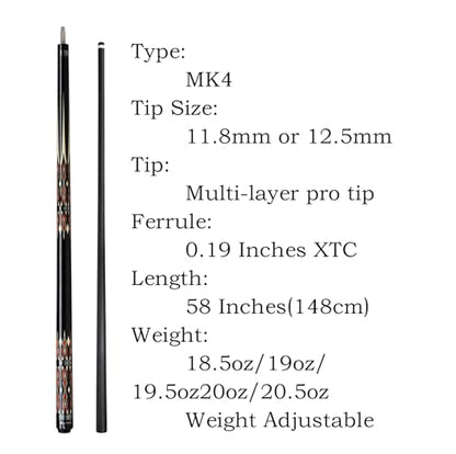 Carbon Fiber Pool Cue,11.8mm/12.5mm Low Deflection Cue Stick,Professional Pool Stick with Case - color: MK4+Extension, size: 12.5mm