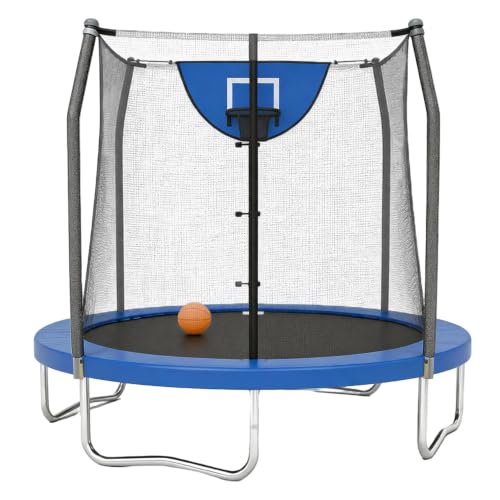 Skywalker Trampoline Outdoor 8 FT, 12 FT, 15 FT Jump N’ Dunk Round Outdoor Trampoline with Net, Trampoline Mat, and Basketball Hoop for Trampoline - color: Blue, style: 8 Foot